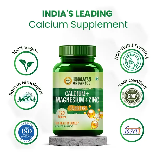 Himalayan Organics Calcium Magnesium Zinc Vitamin D3 & B12- 120 Vegetarian Tablets