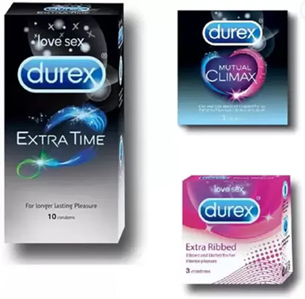 Durex Condoms, Extra Time 10s-1N, Mutual Climax 3s-1N, Extra Ribbed 3s-1N (Pack of 3)