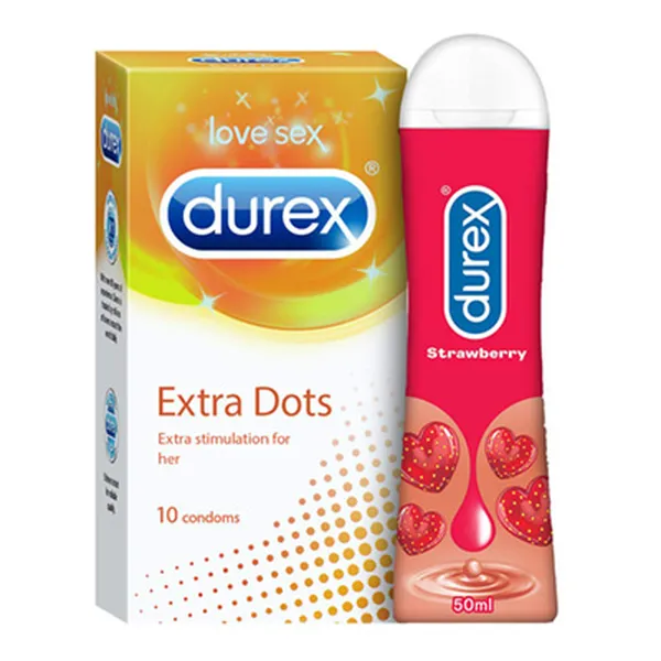 Durex Pleasure Packs - Extra Dots 10s-1N, Pleasure gel Strawberry 50ml-1N
