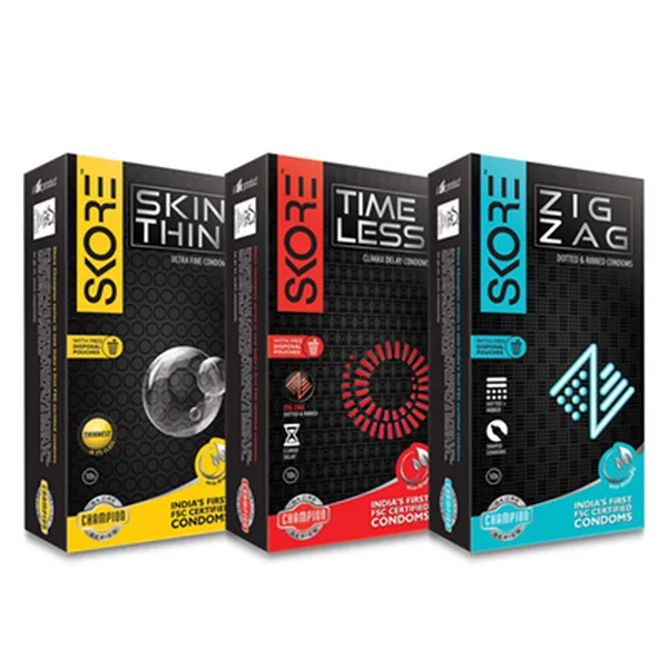 Skore Skin Thin, Timeless and Zig Zag Condoms - 3 Packs (10 pieces per pack)