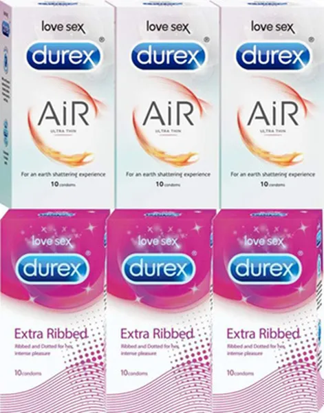 Durex Condoms, Air 10s-3N, Extra Ribbed 10s-3N (Pack of 6)