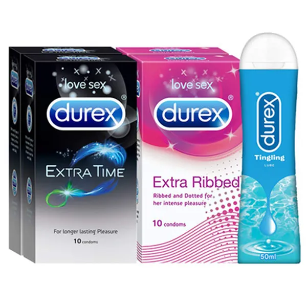 Durex Pleasure Packs - Extra Time 10s-2N, Extra Ribbed 10s-2N, Pleasure gel Tingle 50ml-1N