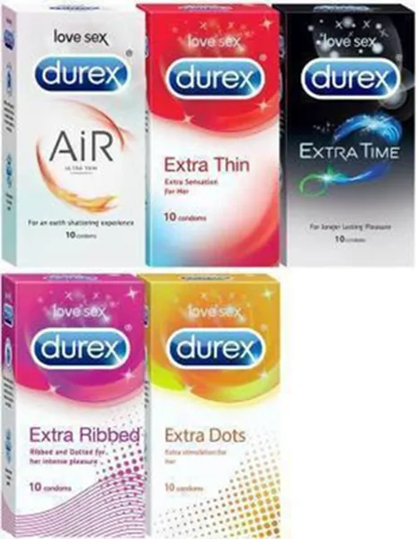 Durex Condoms, Air 10s-1N, Extra Thin 10s-1N, Extra Time 10s-1N, Extra Ribbed 10s-1N, Extra Dots 10s-1N (Pack of 5)