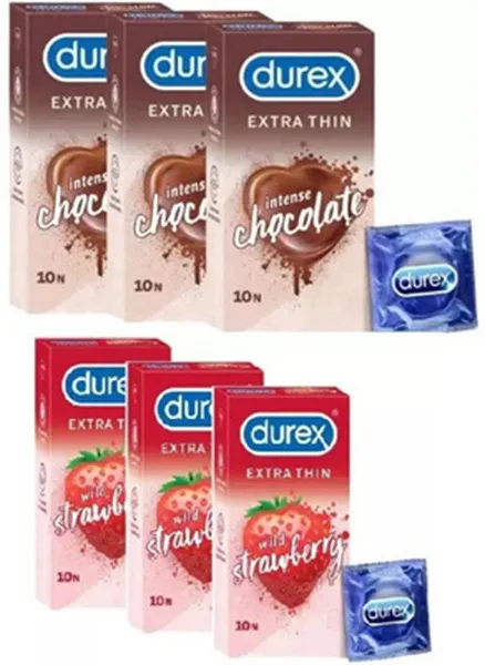 Durex Flavoured Condoms - Extra Thin Intense Chocolate 10s-3N, Extra Thin Wild Strawberry 10s-3N (Pack of 6)