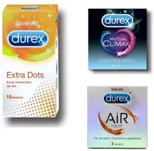 Durex Condoms, Extra Dots 10s-1N, Mutual Climax 3s-1N, Air 3s-1N (Pack of 3)