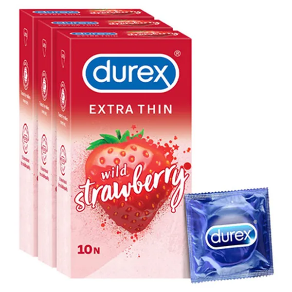 Durex Flavoured Condoms - Extra Thin Wild Strawberry 10s-3N (Pack of 3)