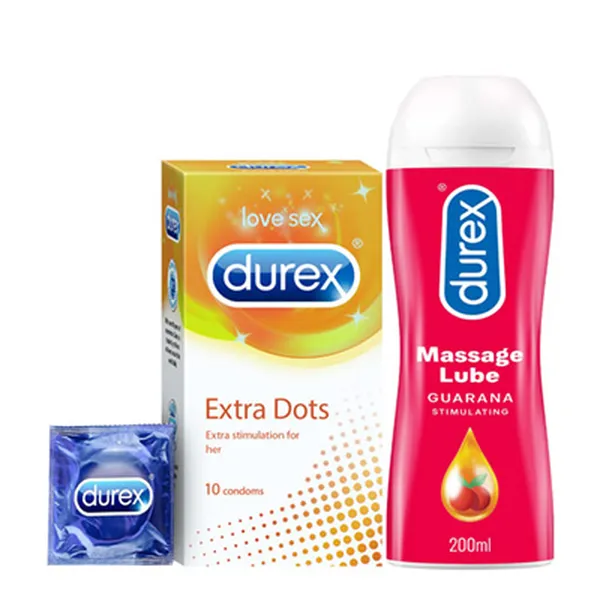 Durex Pleasure Packs - Extra Dots 10s-1N, Pleasure gel Guarana Stimulating 200ml-1N