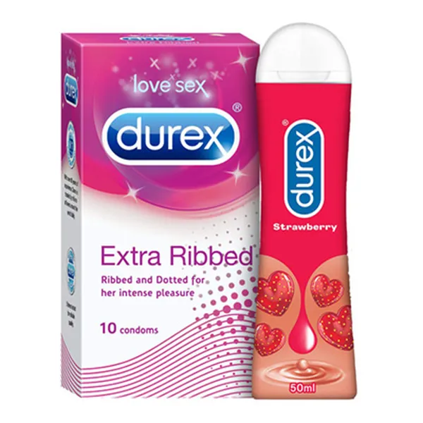 Durex Pleasure Packs - Extra Ribbed 10s-1N, Pleasure gel Strawberry 50ml-1N