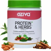 Oziva Protein & Herbs, Women, (natural Protein Powder With Ayurvedic Herbs Like Shatavari, Giloy, Curcumin & Multivitamins For Better Metabolism, Skin & Hair) Vanilla Almond, 500g