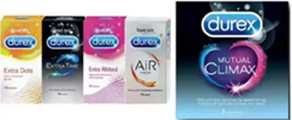 Durex Condoms, Extra Dots 10s-1N, Extra Time 10s-1N, Extra Ribbed 10s-1N, Air 10s-1N, Mutual Climax 3s-1N (Pack of 5)