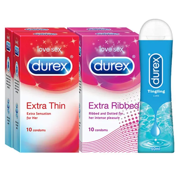 Durex Pleasure Packs - Extra Thin 10s-2N, Extra Ribbed 10s-2N, Pleasure gel Tingle 50ml-1N