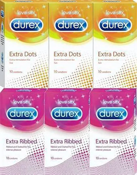 Durex Condoms, Extra Dots 10s-3N, Extra Ribbed 10s-3N (Pack of 6)