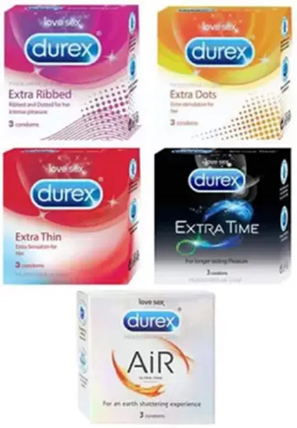Durex Honeymoon Pleasure Packs - Extra Ribbed 3s-1N, Extra Dots3s-1N, Extra Thin 3s-1N, Extra Time 3s-1N, Air 3s-1N (Pack of 5)
