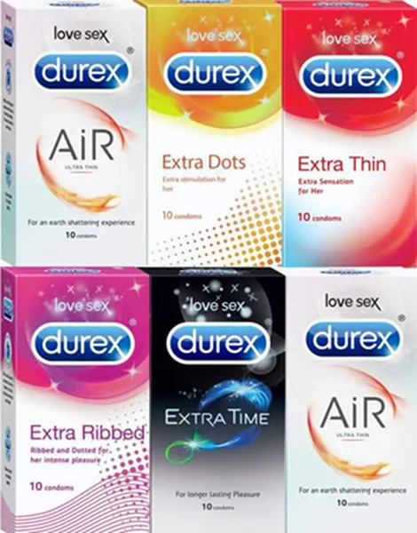 Durex Condoms, Air 10s-2N, Extra Dots 10s-1N, Extra Thin 10s-1N, Extra Ribbed 10s-1N, Extra Time 10s-1N (Pack of 6)