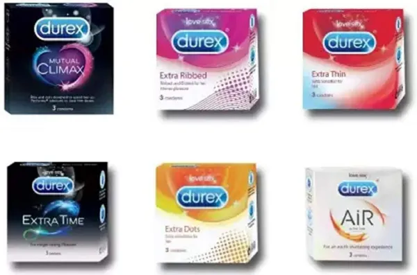 Durex Condoms All Variant Explorer Pack - Mutual Climax 3s-1N, Extra Ribbed 3s-1N, Extra Thin 3s-1N, Extra Time 3s-1N, Extra Dots 3s-1N, Air 3s-1N (Pack of 6)