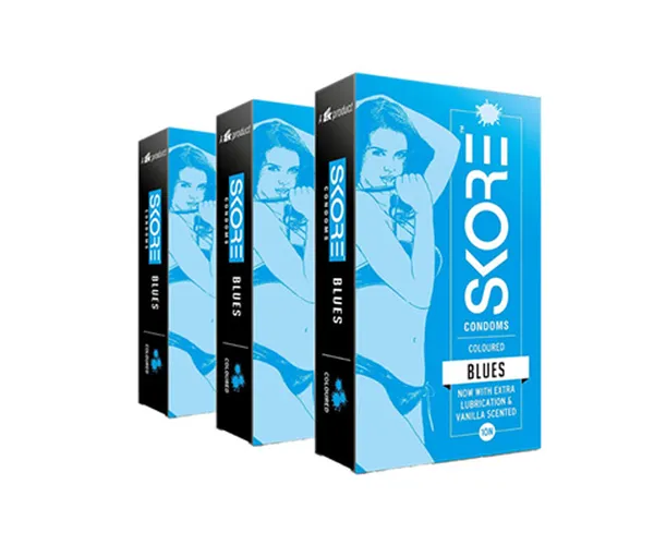 Skore Coloured Condoms with extra lubrication and vanilla scented (Blues) 10N (Pack of 3)