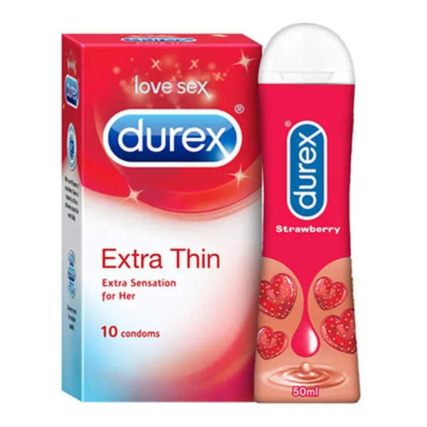 Durex Pleasure Packs - Extra Thin 10s-1N, Pleasure gel Strawberry 50ml-1N
