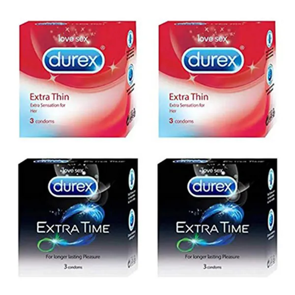 Durex Condoms, Extra Thin 3s-2N, Extra Time 3s-2N (Pack of 4)
