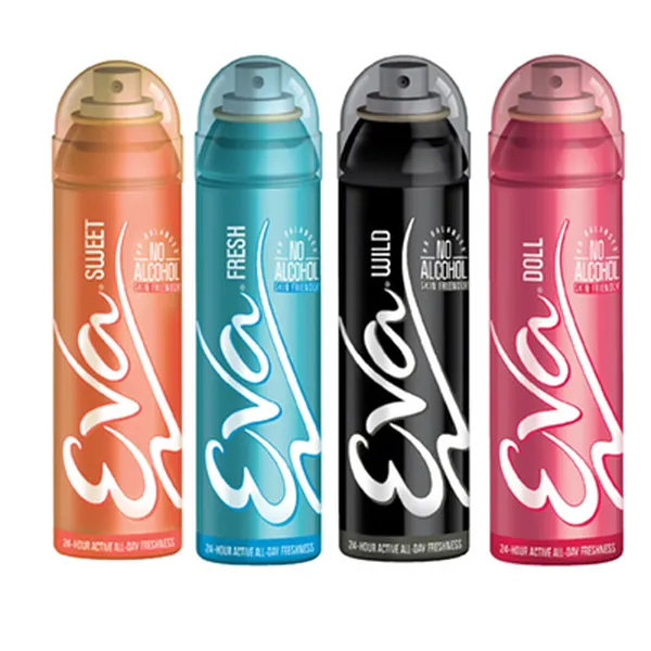 Eva Perfumed Deodrant Skinfriendly Body Spray For Woman, Sweet, Fresh, Wild & Doll (150ml Each, Combo Pack)