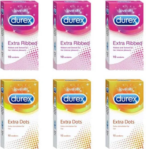 Durex Condoms, Extra Ribbed 10s-3N, Extra Dots 10s-3N (Pack of 6)