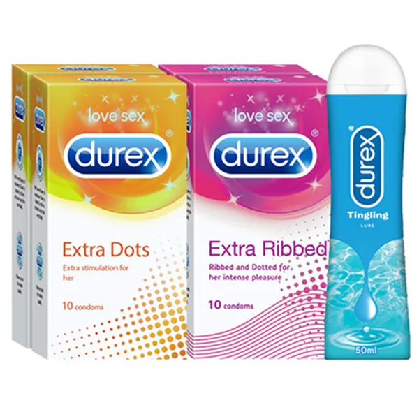 Durex Pleasure Packs - Extra Dots 10s-2N, Extra Ribbed 10s-2N, Pleasure gel Tingle 50ml-1N
