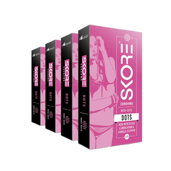 Skore Dotted Condoms with extra lubrication and vanilla scented (Dots) 10N (Pack of 4)