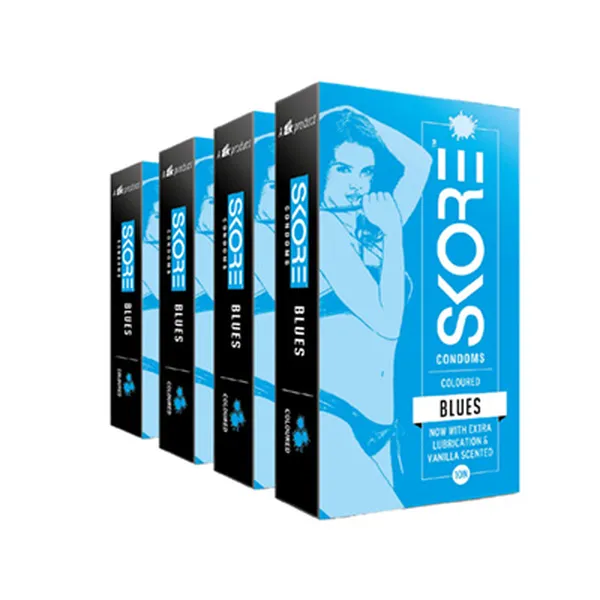 Skore Coloured Condoms with extra lubrication and vanilla scented (Blues) 10N (Pack of 4)