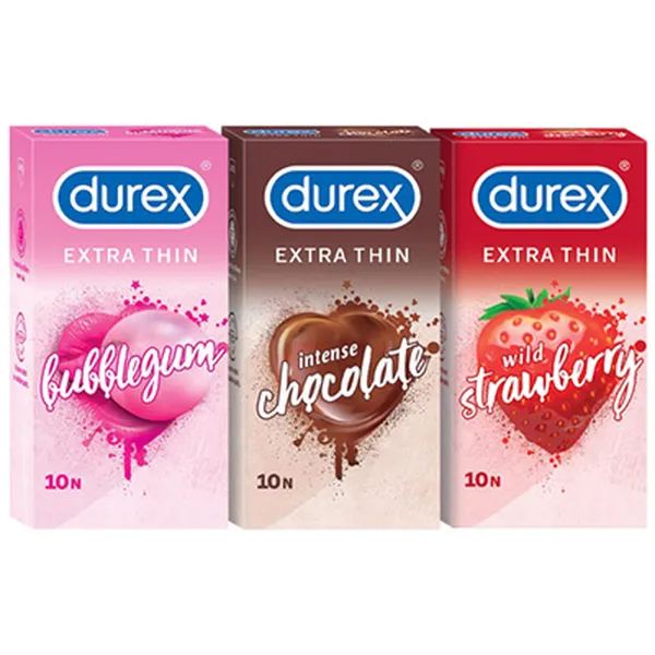 Durex Flavoured Condoms - Extra Thin Bubblegum 10s-1N, Extra Thin Intense Chocolate 10s-1N, Extra Thin Wild Strawberry 10s-1N (Pack of 3)