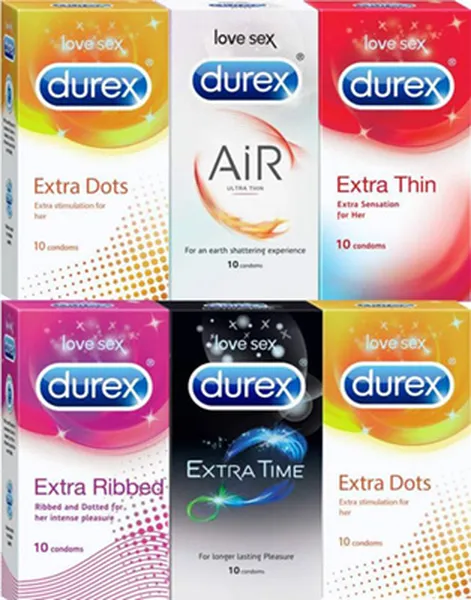 Durex Condoms, Extra Dots 10s-2N, Air 10s-1N, Extra Thin 10s-1N, Extra Ribbed 10s-1N, Extra Time 10s-1N (Pack of 6)