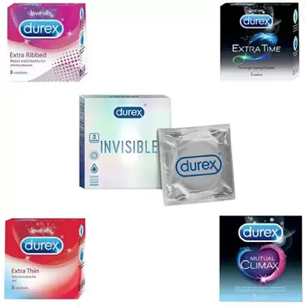 Durex Condoms, Extra Ribbed 3s-1N, Extra Time 3s-1N, Invisible 3s-1N, Extra Thin 3s-1N, Mutual Climax 3s-1N (Pack of 5)