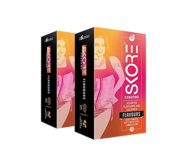 Skore Assorted Flavoured and Coloured Condoms (Flavours) 20N (Pack of 2)