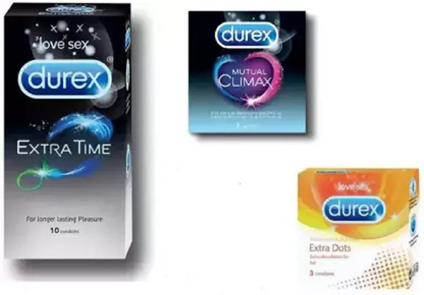 Durex Condoms, Extra Time 10s-1N, Mutual Climax 3s-1N, Extra Dots 3s-1N (Pack of 3)