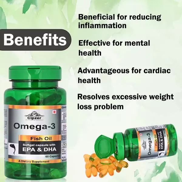 Cipzer Omega 3 Fish Oil Softgel|Reduced risk of cardiovascular disease|Advantageous for cardiac health(Pack of 1)-60 capsules