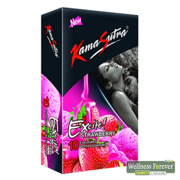 KAMASUTRA EXCITE STRAWBERRY FLAVOURED DOTTED CONDOMS - 10 COUNT