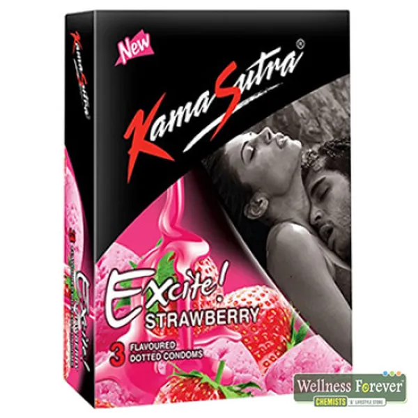 KAMASUTRA EXCITE STRAWBERRY FLAVOURED DOTTED CONDOMS - 3 COUNT