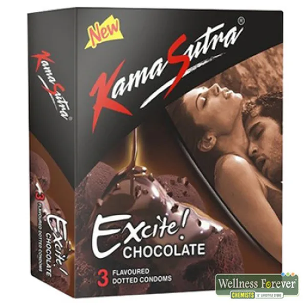 KAMASUTRA EXCITE CHOCOLATE FLAVOURED DOTTED CONDOMS - 3 COUNT
