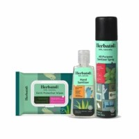 Herbatol Plus Combo Skin Hygiene Wipes Hand Sanitizer & All Purpose Sanitizer Spray Personal Travel Hygiene Kit
