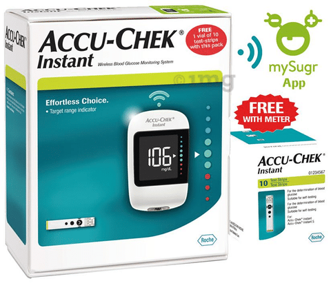 Accu-Chek Instant Glucometer Combo Pack with Free 10 Test Strips, mySugr App