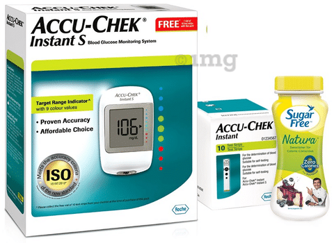 Accu-Chek Instant S Blood Glucose Monitoring System & 10 Test Strip with Sugar Free Natura 50gm Free