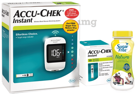 Accu-Chek Instant Wireless Blood Glucose Monitoring System & 10 Test Strip with Sugar Free Natura 50gm Free