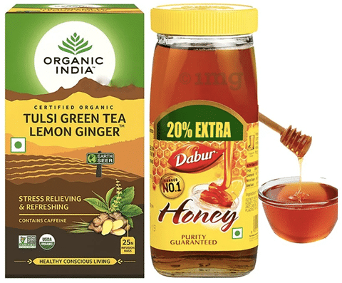 Anti-oxidants Combo of Organic India Lemon Ginger Tulsi Green Tea 25 Tea Bag and Dabur Honey 1kg