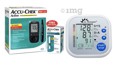 BP and Glucose Meter Combo of Accu-Chek Active Blood Glucometer Kit (Box of 10 Test Strips Free) and Dr Morepen BP02 Blood Pressure Monitor