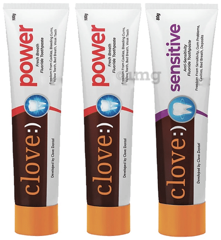 Clove Combo Pack of 2 Power Fresh Breath Fluoride Toothpaste 100gm and 1 Sensitive Anti-Sensitivity Fluoride Toothpaste 80gm