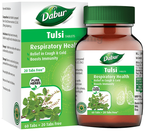 Dabur Pure Herbs Respiratory Health Tulsi Tablets - Get 20 Tablets Free