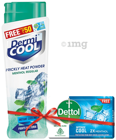 Dermicool Prickly Heat Powder Menthol Regular with Dettol Intense Cool Soap 125gm Free