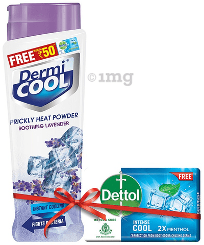 Dermicool Prickly Heat Powder Soothing Lavender with Dettol Intense Cool Soap 125gm Free