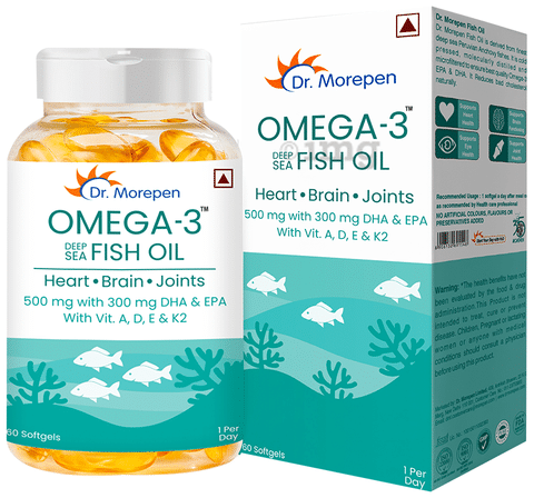 Dr. Morepen Omega 3 Deep Sea Fish Oil  DHA & EPA 300mg with Vitamin A, D, E & K2 Softgel