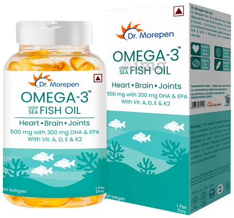 Dr. Morepen Omega 3 Deep Sea Fish Oil DHA & EPA 300mg with Vitamin A, D, E & K2 Softgel