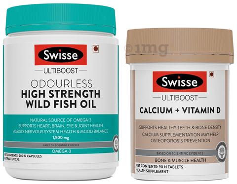 General Wellness Combo-Swisse Ultiboost Odourless High Strength Wild Fish Oil 1500mg 200 Capsule & Calcium+Vitamin D 90 Tablet