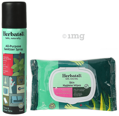 Herbatol Plus Combo Pack of All-Purpose Sanitizer Spray 75ml & Skin Hygiene 25 Wipes